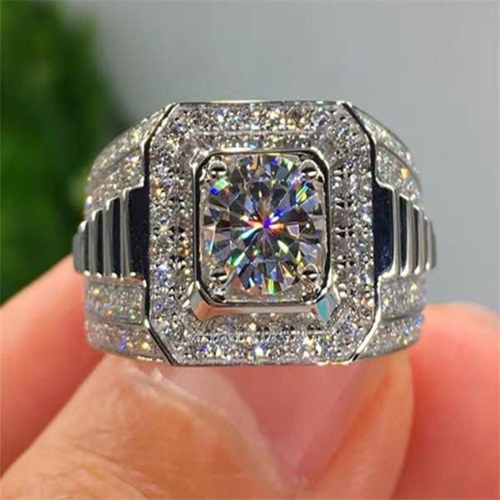 NEW Men Silver Square Diamond Wide Band Ring - Picture 3 of 11